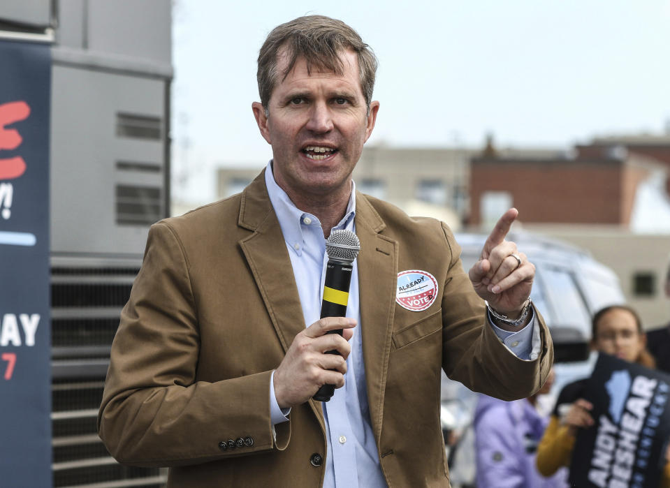 Kentucky Governor and Democratic candidate for re-election Andy Beshear speaks at the Democratic Party of Daviess County Headquarters during a bus tour across Kentucky, Saturday, Nov. 4, 2023, in Owensboro, Ky. (Greg Eans/The Messenger-Inquirer via AP)