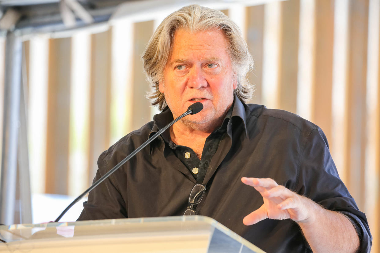 Steve Bannon speaks at the Symposium at the Wall: Cartels, Trafficking and Asylum near a privately built border wall in Sunland Park, New Mexico, constructed by the WeBuildTheWall organization on American Eagle Brick Co. property on Saturday, July 27, 2019. (Photo by Nathan J Fish/Sun-News via Imagn Content Services, LLC/USA Today Network/Sipa USA)