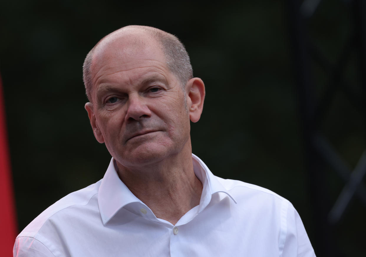 LEIPZIG, GERMANY - SEPTEMBER 05: Olaf Scholz, chancellor candidate of the German Social Democrats (SPD), speaks at an election campaign rally on September 05, 2021 in Leipzig, Germany. Scholz currently has an ample lead over his main rival, Armin Laschet of the Christian Democrats (CDU/CSU), ahead of federal parliamentary elections scheduled for September 26. (Photo by Sean Gallup/Getty Images)