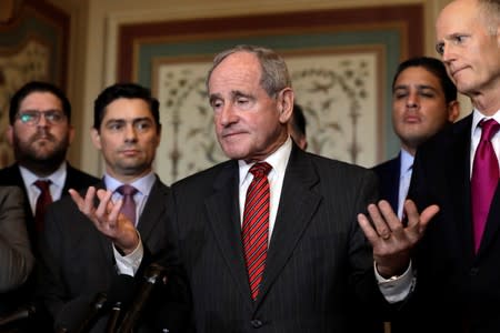 Senate Foreign Relations Committee chairman Jim Risch talks to the media after a meeting with Carlos Alfredo Vecchio