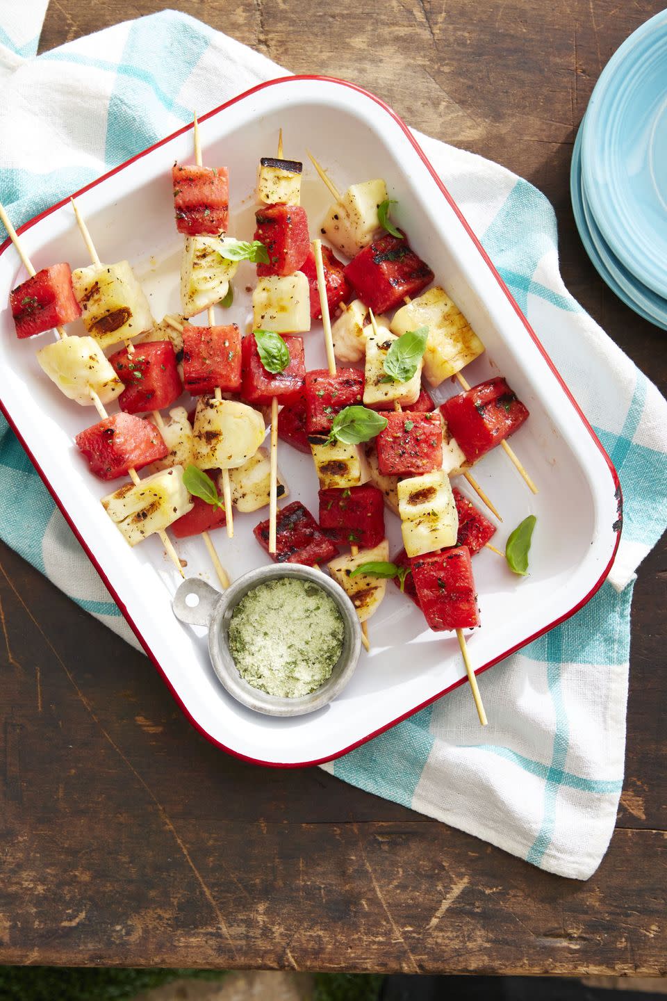 grilled watermelon and halloumi kebabs with basil salt