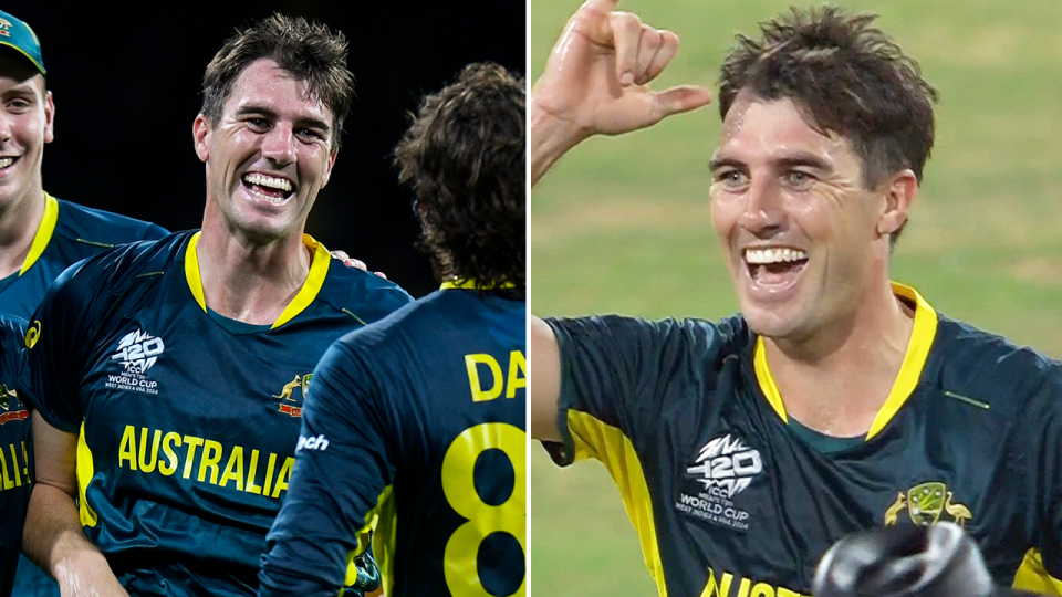 Pat Cummins celebrates his hat-trick at the T20 World Cup.