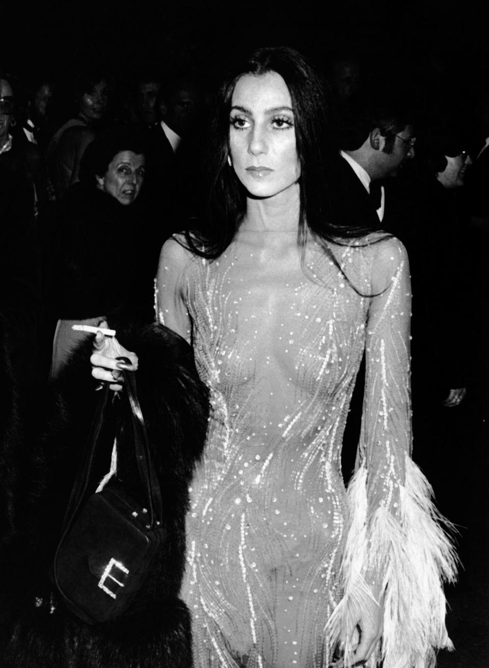 Cher at the 1974 Met Gala in New York City.