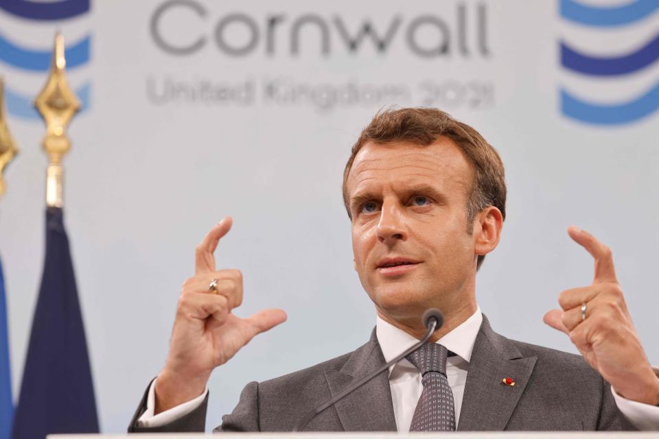 France's President Emmanuel Macron takes part in a press conference on the final day of the G7 summit in Carbis Bay (AFP via Getty Images)