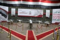 Drone aircrafts are seen on display at an exhibition at an unidentified location in Yemen in this undated handout photo released by the Houthi Media Office