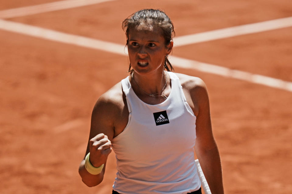 Russia's Daria Kasatkina celebrates winning a point as she plays Russia's Veronika Kudermetova during their quarterfinal match of the French Open tennis tournament at the Roland Garros stadium Wednesday, June 1, 2022 in Paris. (AP Photo/Thibault Camus)