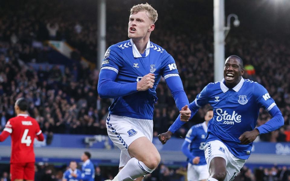 Jarrad Branthwaite celebrates his goal for Everton