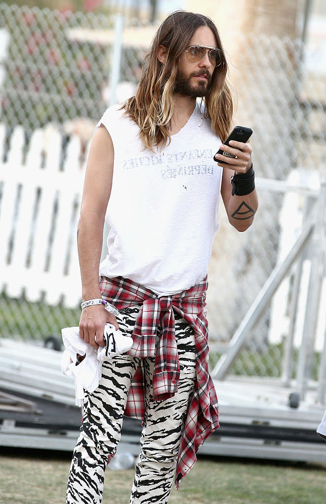 worst dressed, INDIO, CA - APRIL 12: Actor Jared Leto attends day 2 of the 2014 Coachella Valley Music & Arts Festival at the Empire Polo Club on April 12, 2014 in Indio, California.  (Photo by Imeh Akpanudosen/Getty Images for Coachella)