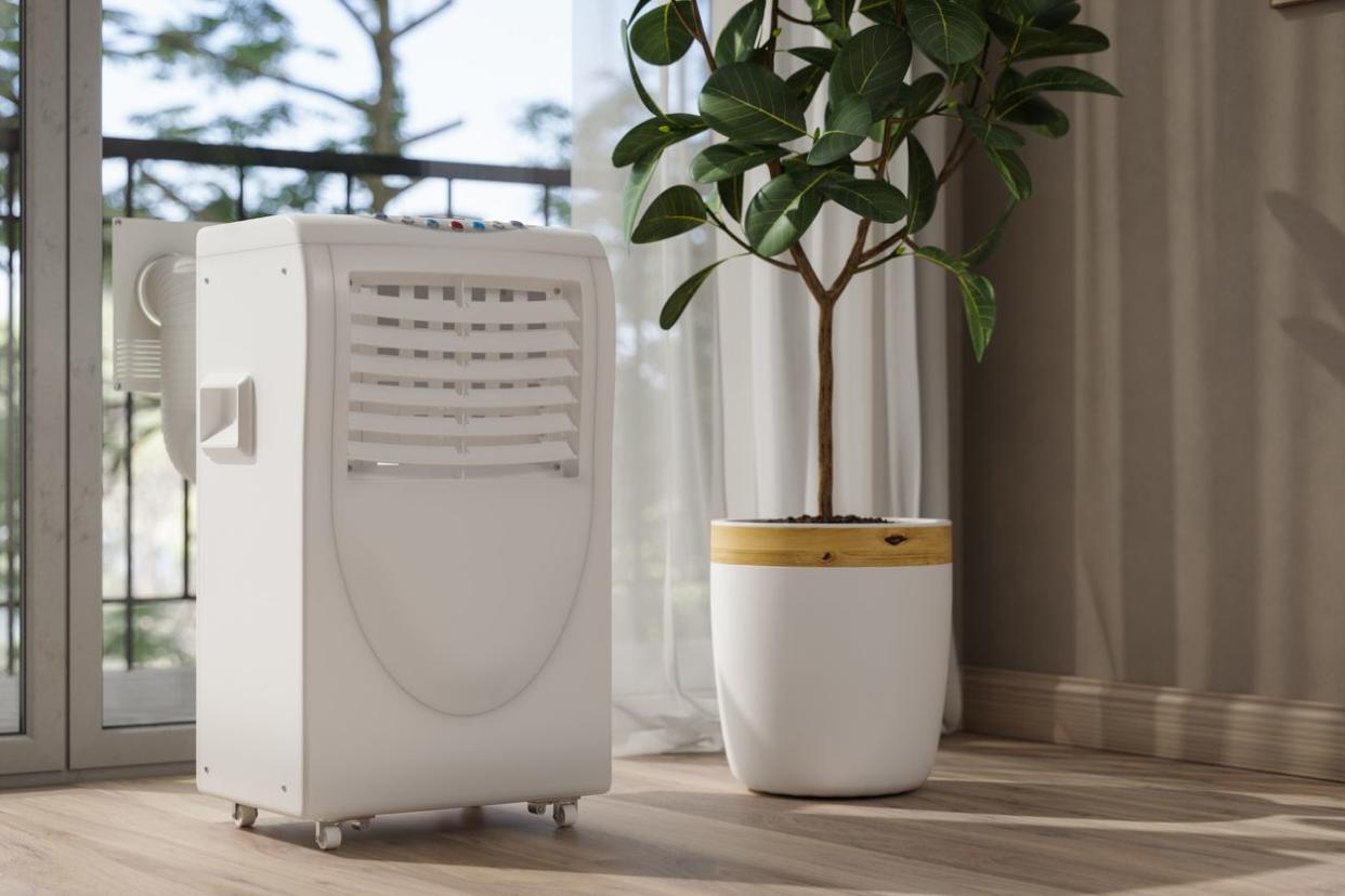 A dehumidifier placed next to a plant by the window.