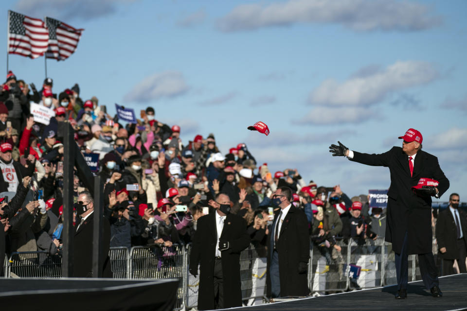 President Donald Trump arrives for a campaign rally at Wilkes-Barre Scranton International Airport, Monday, Nov. 2, 2020, in Avoca, Pa. (AP Photo/Evan Vucci)