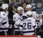 WINNIPEG, CANADA - APRIL 7: Steven Stamkos #91 of the Tampa Bay Lightning celebrates his goal against the Winnipeg Jets in the third period in NHL action at the MTS Centre on April 7, 2012 in Winnipeg, Manitoba, Canada. The goal was his 60th of the season. (Photo by Marianne Helm/Getty Images)