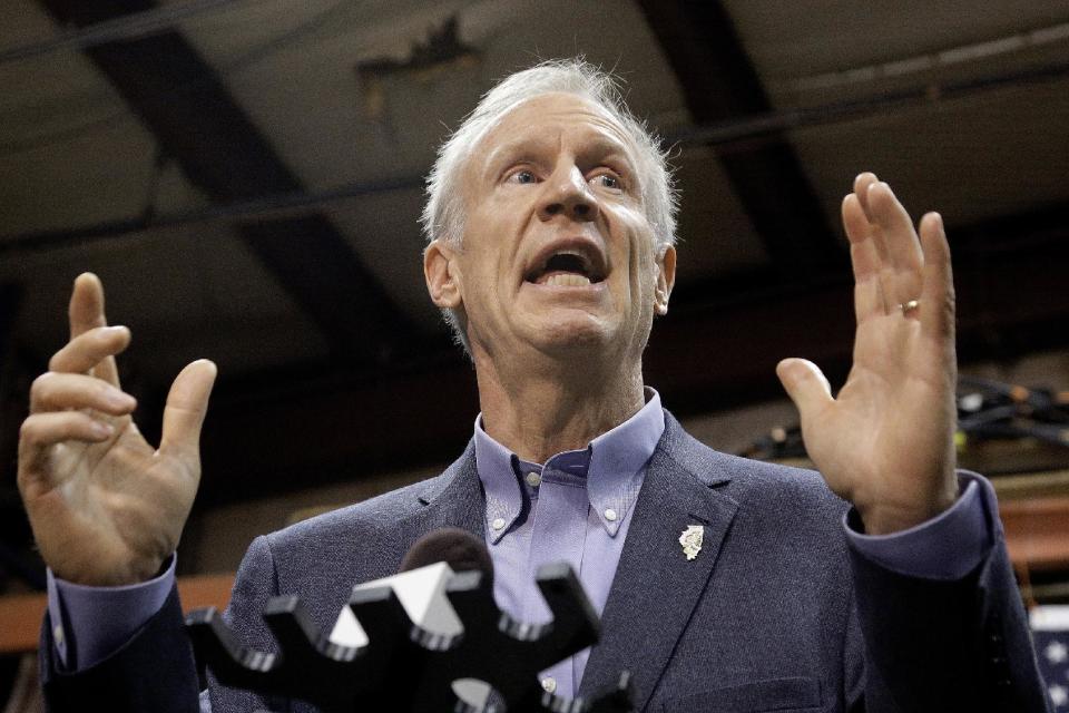 FILE - In this Nov. 16, 2016, file photo, Illinois Gov. Bruce Rauner speaks to reporters in Springfield, Ill. The nation's longest running state budget stalemate is now half way through its second year, as Illinois continues to wallow in its financial crisis and one General Assembly hands off the problem to the next one. The Illinois Senate is aiming to propose its own solution after a new legislature is sworn in on Wednesday, Jan. 11, 2017. (AP Photo/Seth Perlman, File)