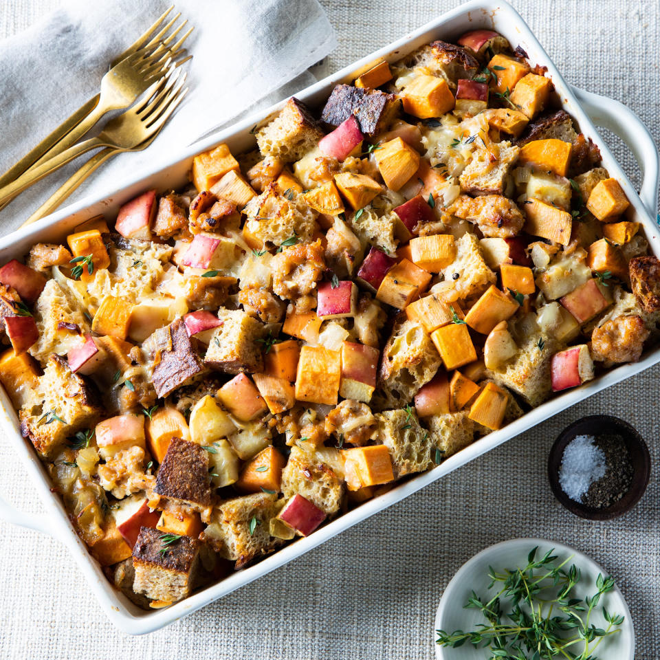 <p>This sweet potato, sausage and apple casserole is perfect for brunch or dinner. The crunchy top of the toasted bread combines winningly with a custardy filling studded with apples, sweet potatoes and savory sausage.</p>