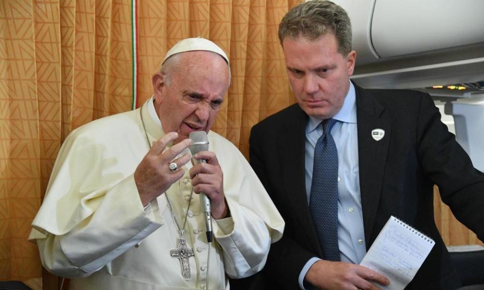 The Vatican spokesman, Greg Burke, right, pictured with Pope Francis, issued a statement in which he said victims ‘should know that the pope is on their side’.