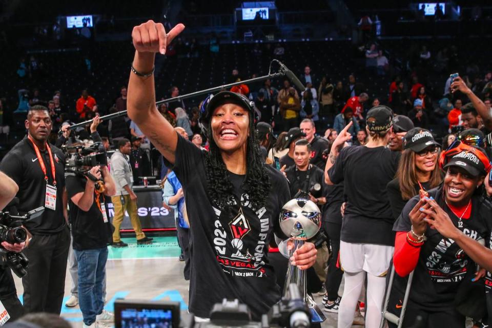 Oct 18, 2023; Brooklyn, New York, USA; Las Vegas Aces forward A’ja Wilson (22) celebrates after winning thhe 2023 WNBA Finals at Barclays Center. Mandatory Credit: Wendell Cruz-USA TODAY Sports