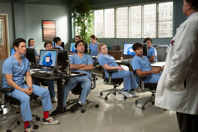 <p>Anne Marie Fox/Disney</p> The interns (Harry Shum Jr., Midori Francis, Jake Borelli, Jaicy Elliot, Niko Terho and Alexis Floyd) take a big test on 'Grey's Anatomy'