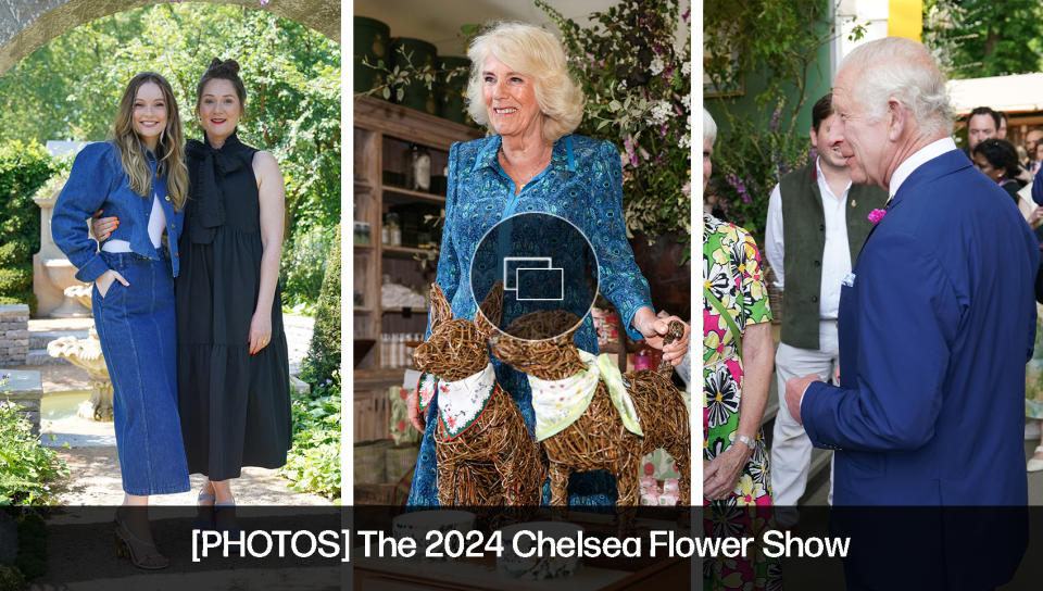 queen camilla, bridgerton cast, chelsea flower show, peacock  Fiona Clare dress, eliot suede wedge heels, Kiki McDonough and Van Cleef & Arpels jewelry, royal horticultural society rhs