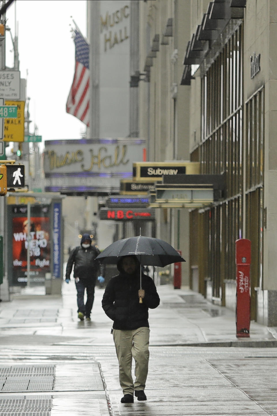 Pedestrians walk a mostly empty Sixth Avenue during the coronavirus outbreak, Friday, April 3, 2020, in New York. The new coronavirus causes mild or moderate symptoms for most people, but for some, especially older adults and people with existing health problems, it can cause more severe illness or death. (AP Photo/Frank Franklin II)