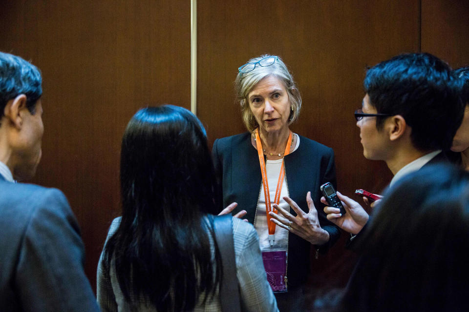 Jennifer Doudna, center, is interviewed during the Second International Summit on Human Genome Editing in Hong Kong, on Nov. 27, 2018.<span class="copyright">Isaac Lawrence—AFP/Getty Images</span>