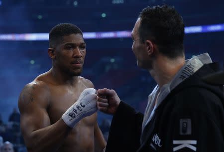 Britain Boxing - Anthony Joshua v Wladimir Klitschko IBF, IBO & WBA Super World Heavyweight Title's - Wembley Stadium, London, England - 29/4/17 Anthony Joshua with Wladimir Klitschko after the fight Action Images via Reuters / Andrew Couldridge Livepic