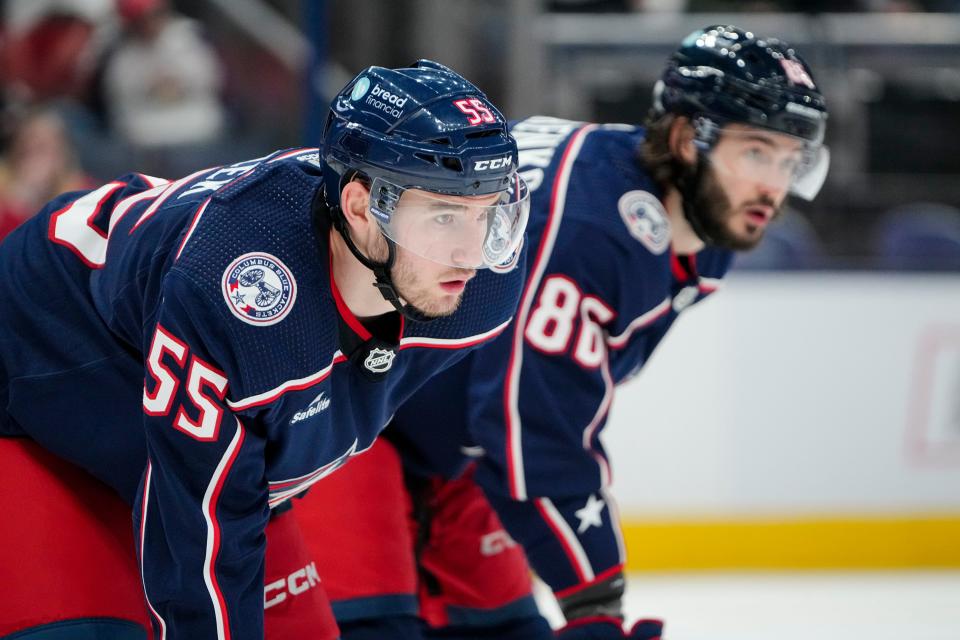 Oct 16, 2023; Columbus, Ohio, USA; Columbus Blue Jackets defenseman David Jiricek (55) lines up for a face off during the second period of the NHL hockey game against the Detroit Red Wings at Nationwide Arena.