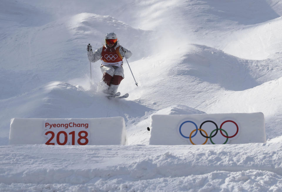 Justine Dufour-Lapointe trains ahead of the 2018 Winter Olympics in Pyeongchang, South Korea. (AP Photo/Lee Jin-man)