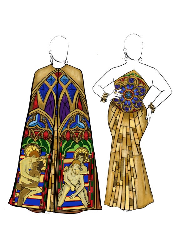 An earlier sketch of God's finale cape and gown.<p>Sketch: Wilberth Gonzalez/Courtesy of A24</p>