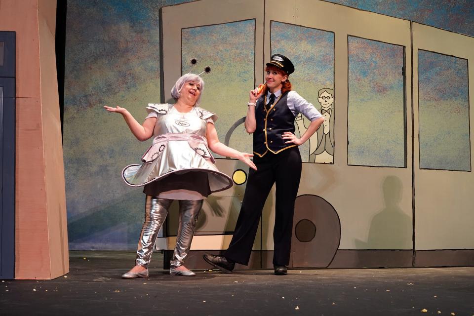 T.S. Sanger and Kelly White, as the bus engine and bus driver, are pictured in a scene from "Don't Let the Pigeon Drive the Bus" at the Croswell Opera House.