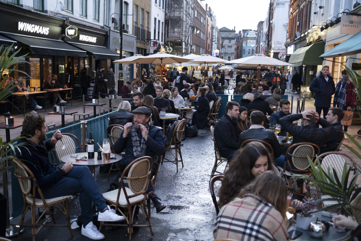 As Londoners await the announcement of a second coronavirus lockdown it's business as usual in the West End with people out socialising outside the bars and restaurants on Old Compton Street in Soho on what will be the last weekend before a month-long total lockdown in the UK on 31st October 2020 in London, United Kingdom. The three tier system in the UK has not worked sufficiently, to suppress the virus, and there have have been calls by politicians for a 'circuit breaker' complete lockdown to be announced to help the growing spread of the Covid-19. (photo by Mike Kemp/In Pictures via Getty Images)