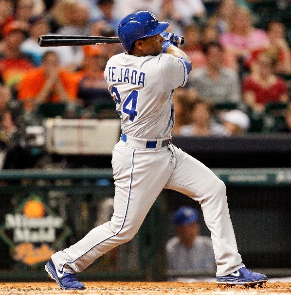 FILE - In this May 20, 2013 file photo, Kansas City Royals shortstop Miguel Tejada (24) hits a three-run home run to left field in the fourth inning during a baseball game against the Houston Astros, in Houston. Suspended infielder Miguel Tejada has signed a minor league contract with the Miami Marlins. Tejada is serving a 105-game suspension he began last year for testing positive for an amphetamine. He would be eligible to play in the Marlins&#39; 65th game, which would be June 10 at Texas if they don&#39;t have any other games rained out and postponed until after that date. (AP Photo/Bob Levey, File)