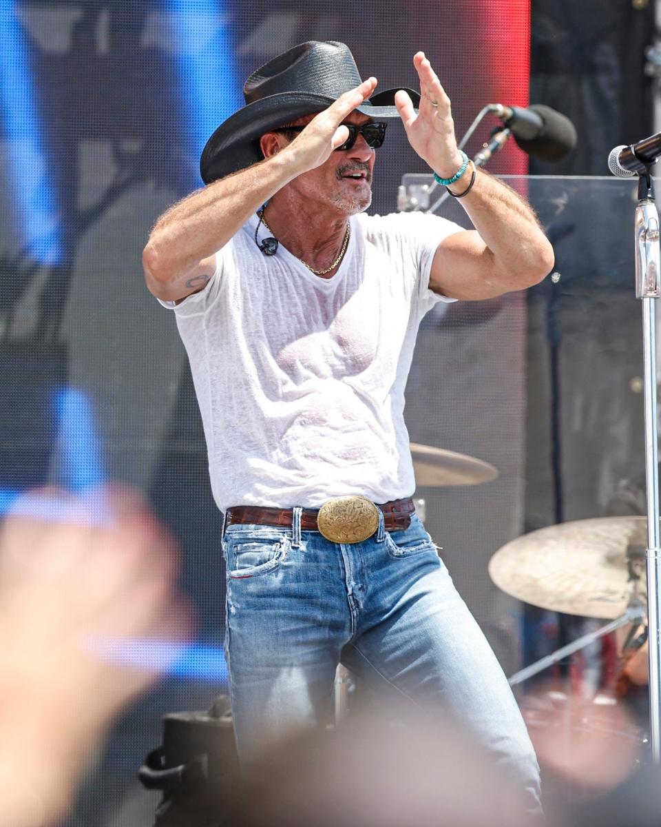 Country star Tim McGraw performs before the start of Saturday's Hy-VeeDeals.com 250 Presented By DoorDash IndyCar race at the Iowa Speedway in Newton on July 23, 2022.