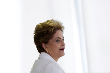 Brazil's President Dilma Rousseff attends a meeting with educators at the Planalto Palace in Brasilia, Brazil April 12, 2016. REUTERS/Ueslei Marcelino
