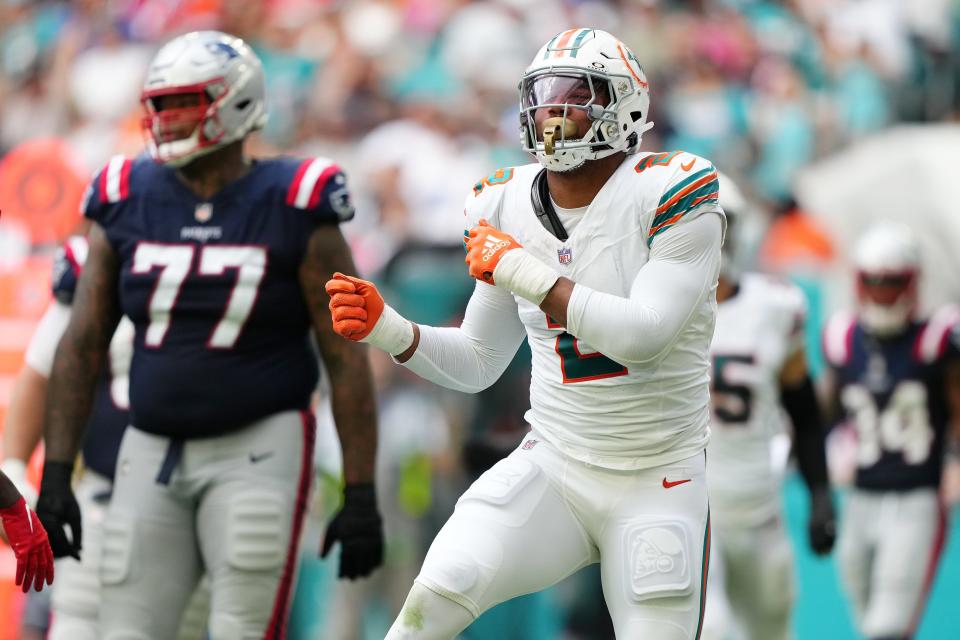 Oct 29, 2023; Miami Gardens, Florida, USA; Miami Dolphins linebacker Bradley Chubb (2) celebrates after sacking New England Patriots quarterback Mac Jones (not pictured) during the second half at Hard Rock Stadium. Mandatory Credit: Jasen Vinlove-USA TODAY Sports