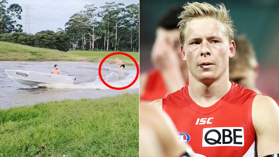 Isaac Heeney's Instagram video of him wakeboarding in a dam at his Hunter Valley home has drawn criticism from former AFL player Kane Cornes. Pictures: Instagram/isaacheeney/Getty Images