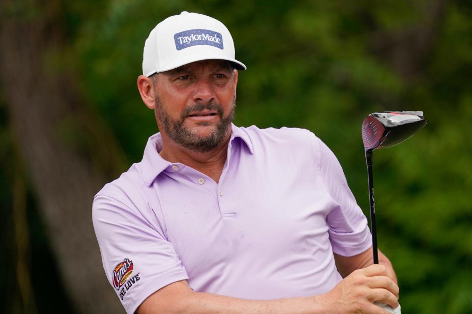 Michael Block watches his shot from the sixth tee during the first round of the Charles Schwab Challenge on May 25.