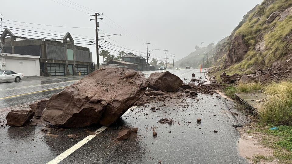 Debris blocks westbound lanes of the Pacific Coast Highway near Malibu, California, on February 19. - LASD Lost Hills Station via X
