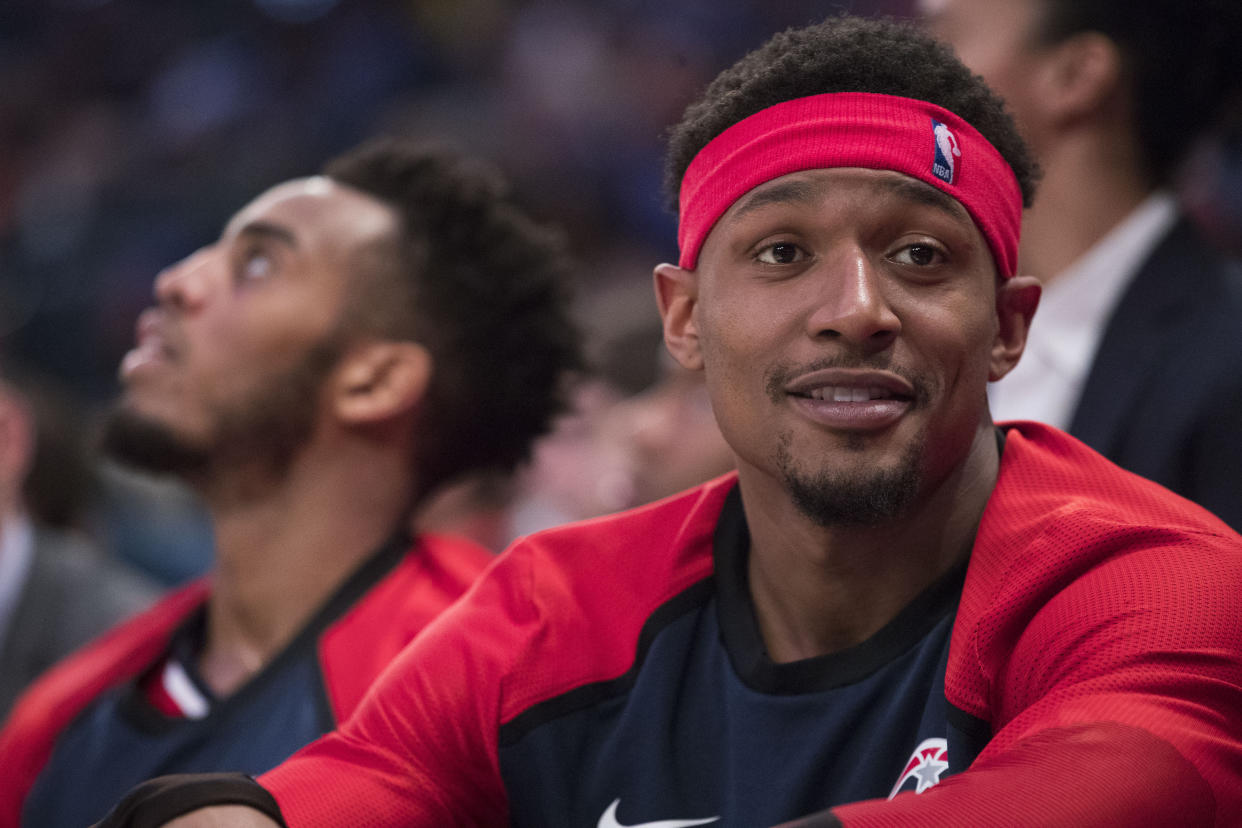 Washington Wizards guard Bradley Beal reacts from the bench during the second half of an NBA basketball game against the New York Knicks, Sunday, April 7, 2019, at Madison Square Garden in New York. The Knicks won 113-110. (AP Photo/Mary Altaffer)