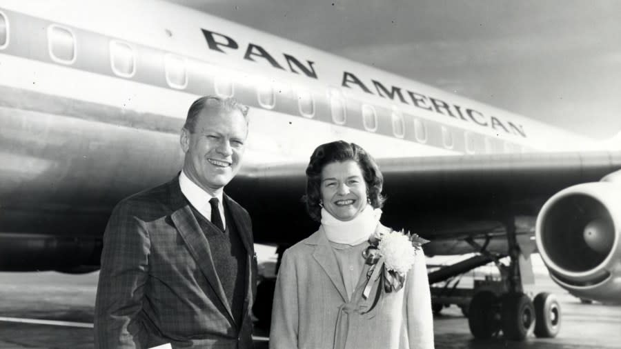 A 1964 photo shows then-Congressman Gerald R. Ford and Betty Ford posing in front of a Pan American jet at an unidentified airport. Betty Ford is wearing a neck brace, possibly the same injury that ultimately led to her addiction to painkillers. (Courtesy Gerald R. Ford Presidential Library & Museum)