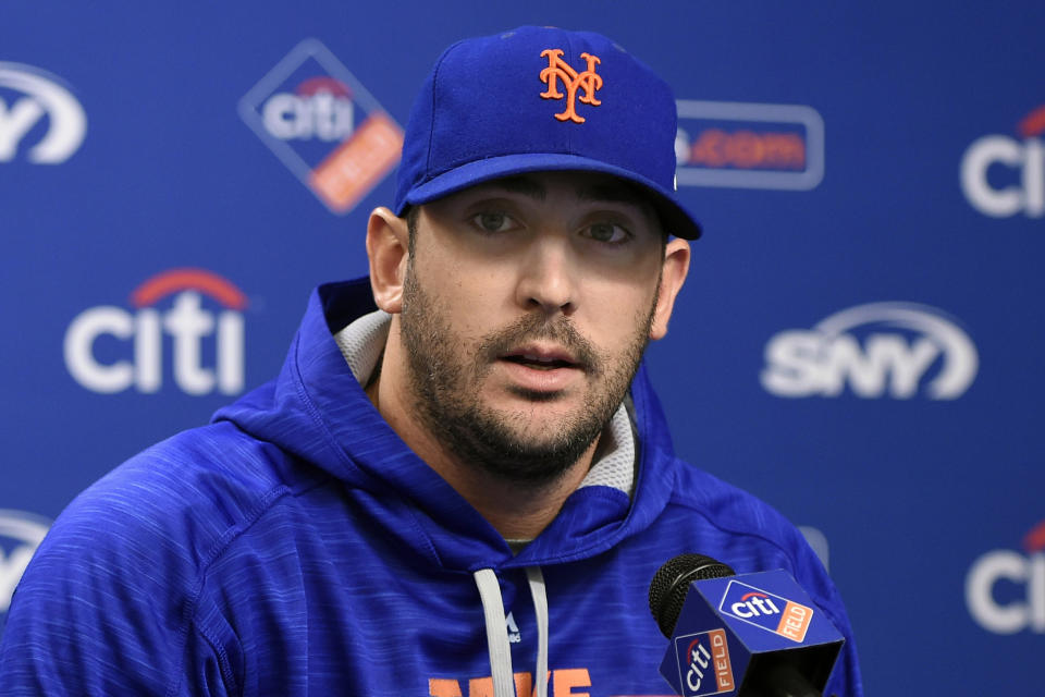FILE - New York Mets starting pitcher Matt Harvey speaks to the media at Citi Field in New York, Tuesday, Oct. 6, 2015. Matt Harvey announced Friday, May 6, 2023, he's retiring from baseball after a nine-year pitching career highlighted by his time as the Mets' “Dark Knight” ace. (AP Photo/Kathy Kmonicek, File)