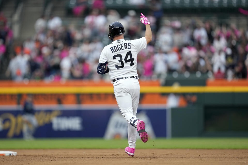 Detroit Tigers' Jake Rogers runs out his two-run home run against the Seattle Mariners in the fifth inning of a baseball game, Friday, May 12, 2023, in Detroit. (AP Photo/Paul Sancya)