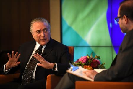 President of Brazil, Michel Temer, speaks with Reuters Editor-in-Chief Steve Adler about the future of Latin America’s largest economy as it emerges from recession and a large-scale corruption scandal at a Reuters Newsmaker event in Manhattan, New York City, U.S. September 20, 2017. REUTERS/Darren Ornitz