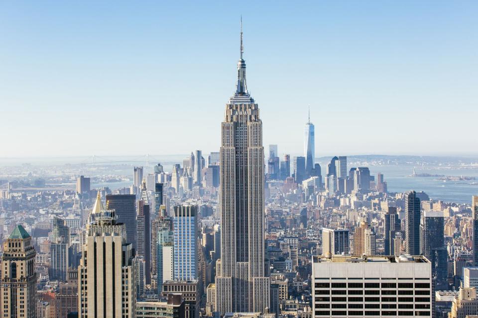 new york skyline on a sunny day with clear blue sky