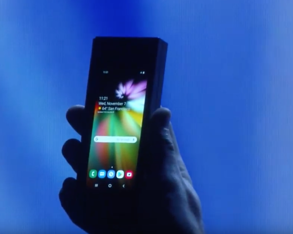 Samsung foldable display in a traditional phone mode.