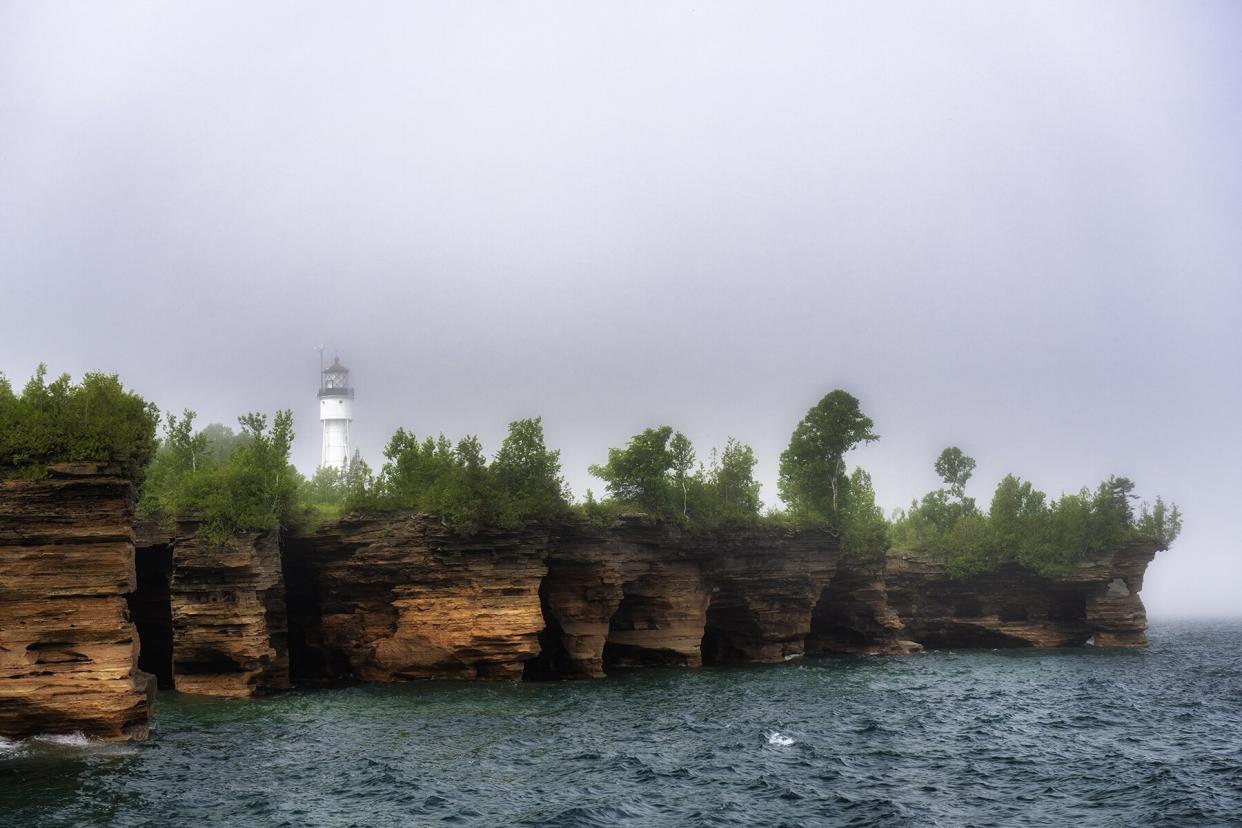 Sea Caves and Lighthouse on Devil's Island, Apostle Islands, Wisconsin