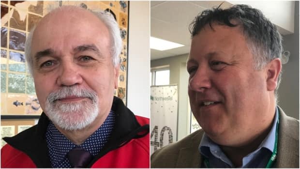 Lee Bodie (left), mayor of Carmacks, and Gord Curran (right), Teslin mayor and president of the Association of Yukon Communities, are weighing in on what issues matter to them most this federal election. Housing, infrastructure, land development and community well-being top the list. (Dave Croft/CBC - image credit)