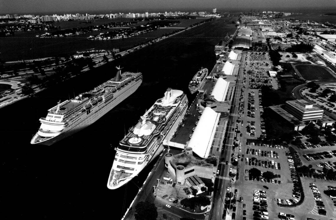 In 1990, tje Miami port added Carnival Cruise Lines’ 2,600-passenger Fantasy, left, and Royal Caribbean Cruise Line’s 1,610-passenger Nordic Empress, center foreground.