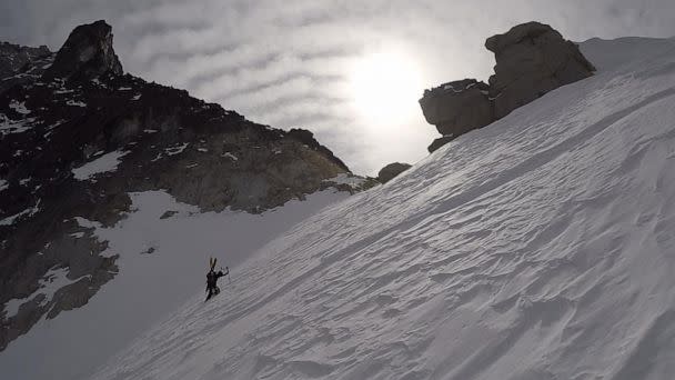 PHOTO: An image of a climber nearing the top of Colchuck Glacier taken on March 22, 2020, near Leavenworth, Washington, in the Pacific Northwest. (Nick Magill)