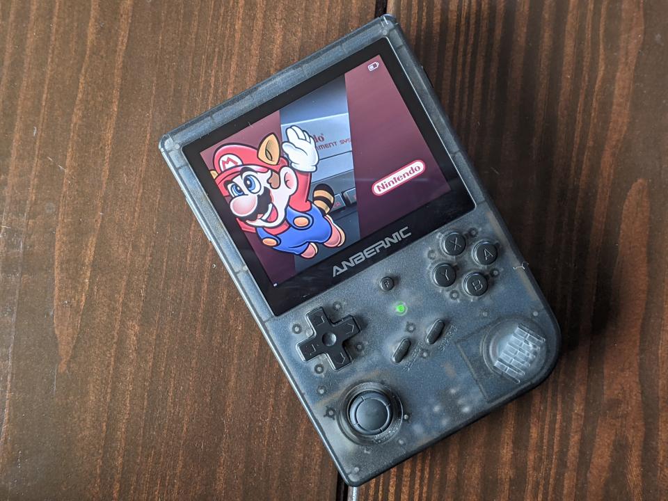 The Anbernic gaming handheld, a Chinese-made Game Boy knockoff with pirated Nintendo games that's sold on Amazon.