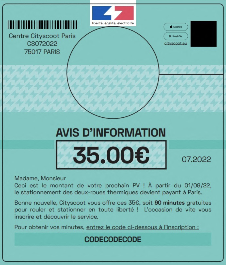 Voici à quoi ressemble la fausse contravention distribuée par l'entreprise Cityscoot. (Photo : Cityscoot)