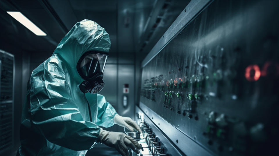 A technician in a protective suit entering a decontamination chamber.